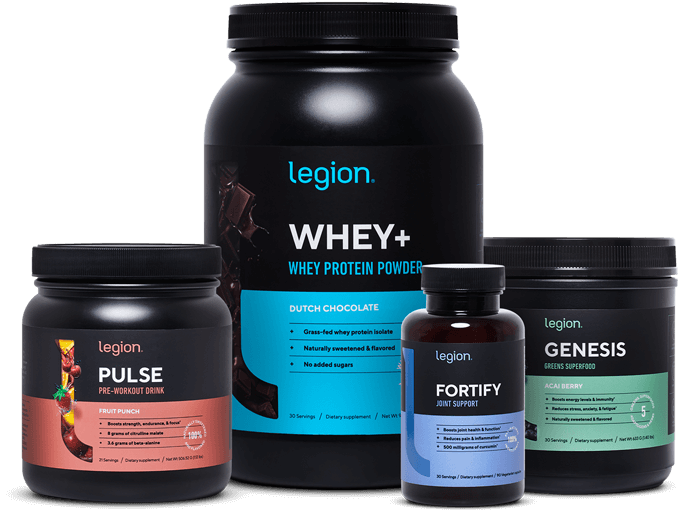 Legion Athletics whey protein, pre-workout, joint support and green foods