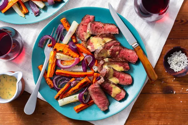 Sunbasket Recipe - Black Angus steaks with tarragon béarnaise and roasted root vegetables