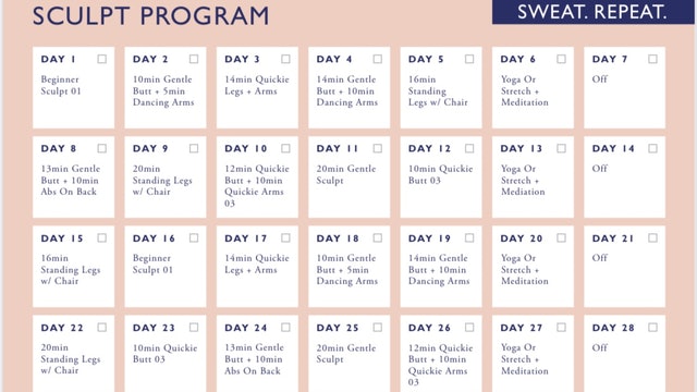 The Sculpt Society Beginner Program day by day calendar
